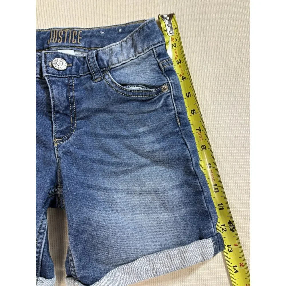 Justice Girls Denim Blue Jean Shorts Size 12 Rolled Cuff Faded